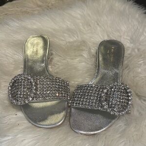 kate spade Silver Crystal Buckle Slide Sandals